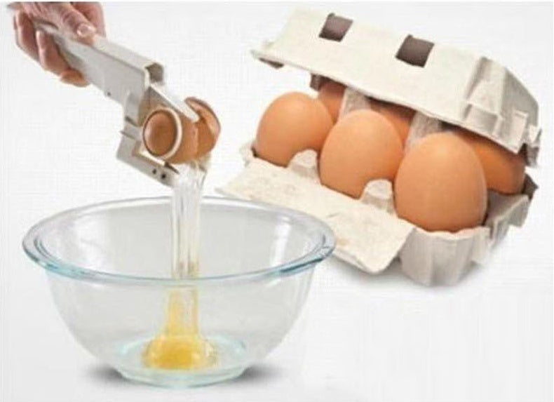 Sheila Merchandise easy egg breaker tool cracking an egg into a bowl with a carton of eggs in the background