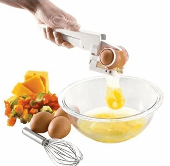 Sheila Merchandise easy egg breaker tool cracking an egg into a bowl with chopped vegetables