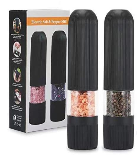 Sheila Merchandise electric pepper grinder and salt mill set with sleek black design and transparent middle chamber