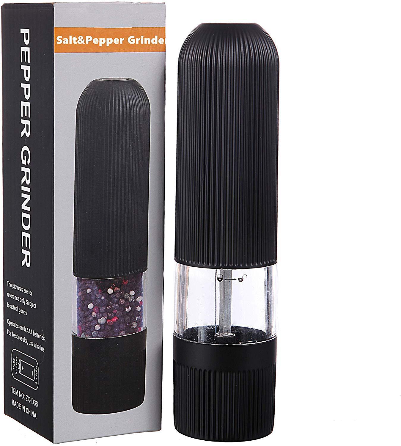 Sheila Merchandise electric pepper grinder in black with transparent spice compartment and ridged design
