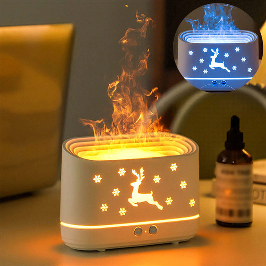 Elk flame humidifier diffuser by Sheila Merchandise with glowing elk design and mist release in warm and cool light