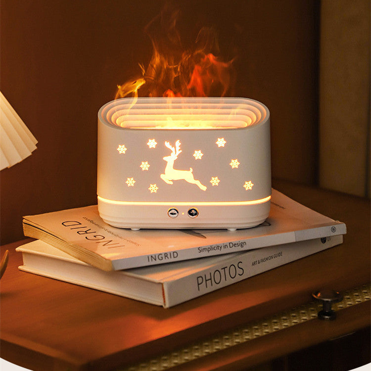 Sheila Merchandise Elk flame humidifier diffuser with glowing reindeer and snowflake design releasing warm mist