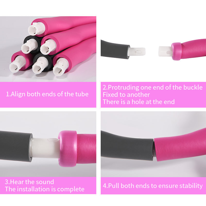 Instructions for assembling pink and black exercise hoop for weight loss showing how tube ends connect and secure
