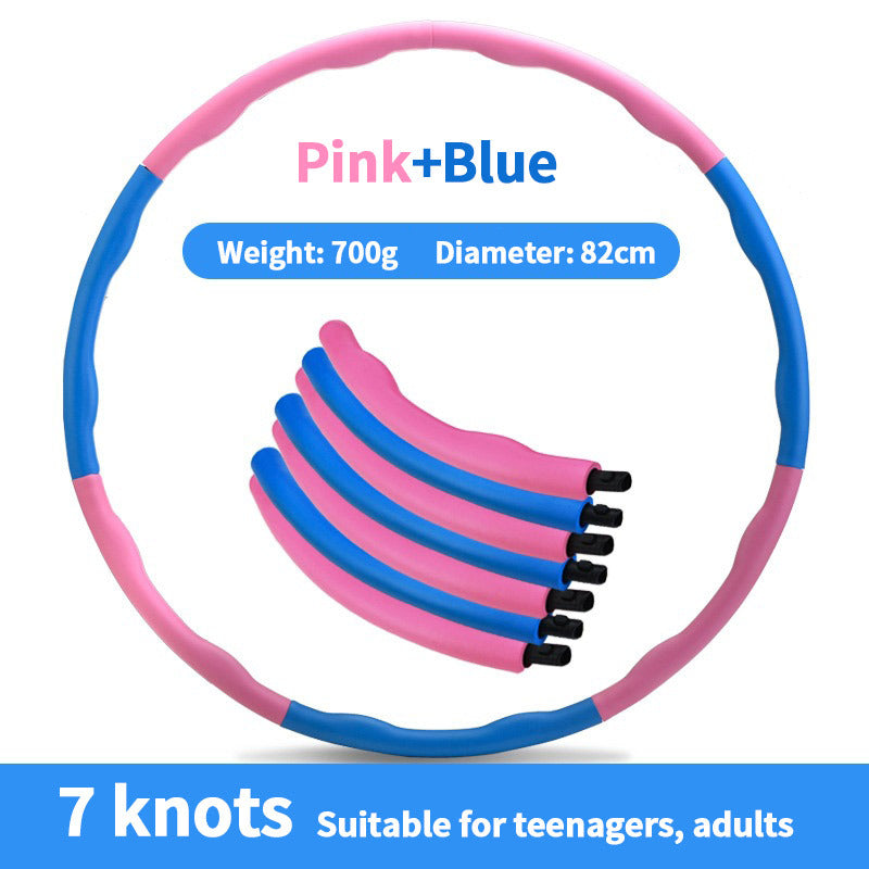 Pink and blue exercise hoop for weight loss with 7 knots and 82cm diameter for home workout
