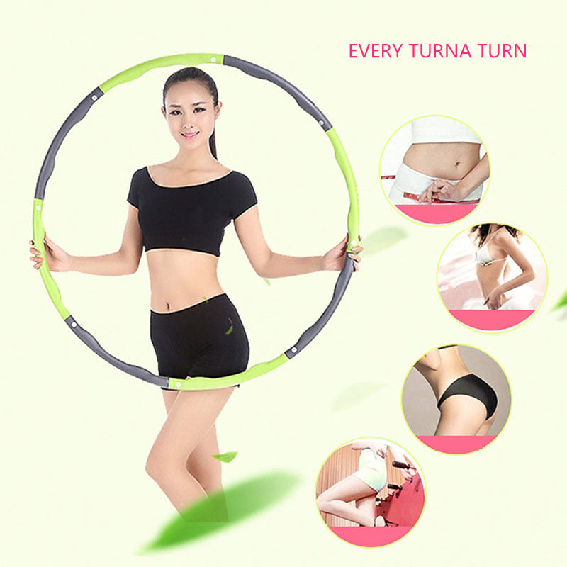 Woman holding green and gray exercise hoop for weight loss with images showing slimming results