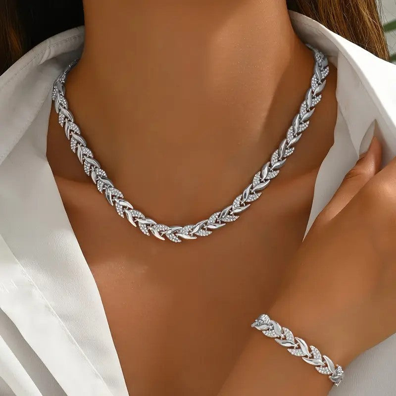 ✨ Women’s Luxury Willow Leaf Diamond Bracelet & Necklace Set – Elegant Jewelry Gift