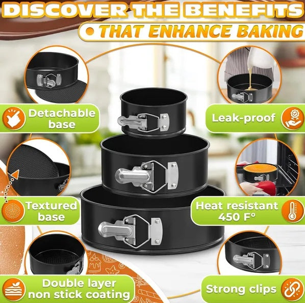 3-Piece Non-Stick Springform Cake Pan Set (4'', 7'', 9'') with 60 Parchment Papers"