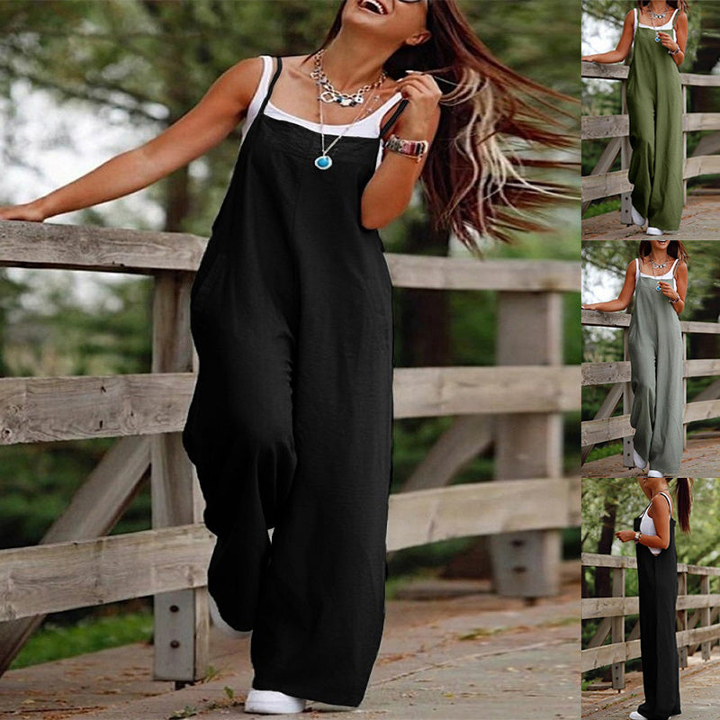 Women wearing stylish loose black and green fashion jumpsuit for women perfect for casual outdoor wear