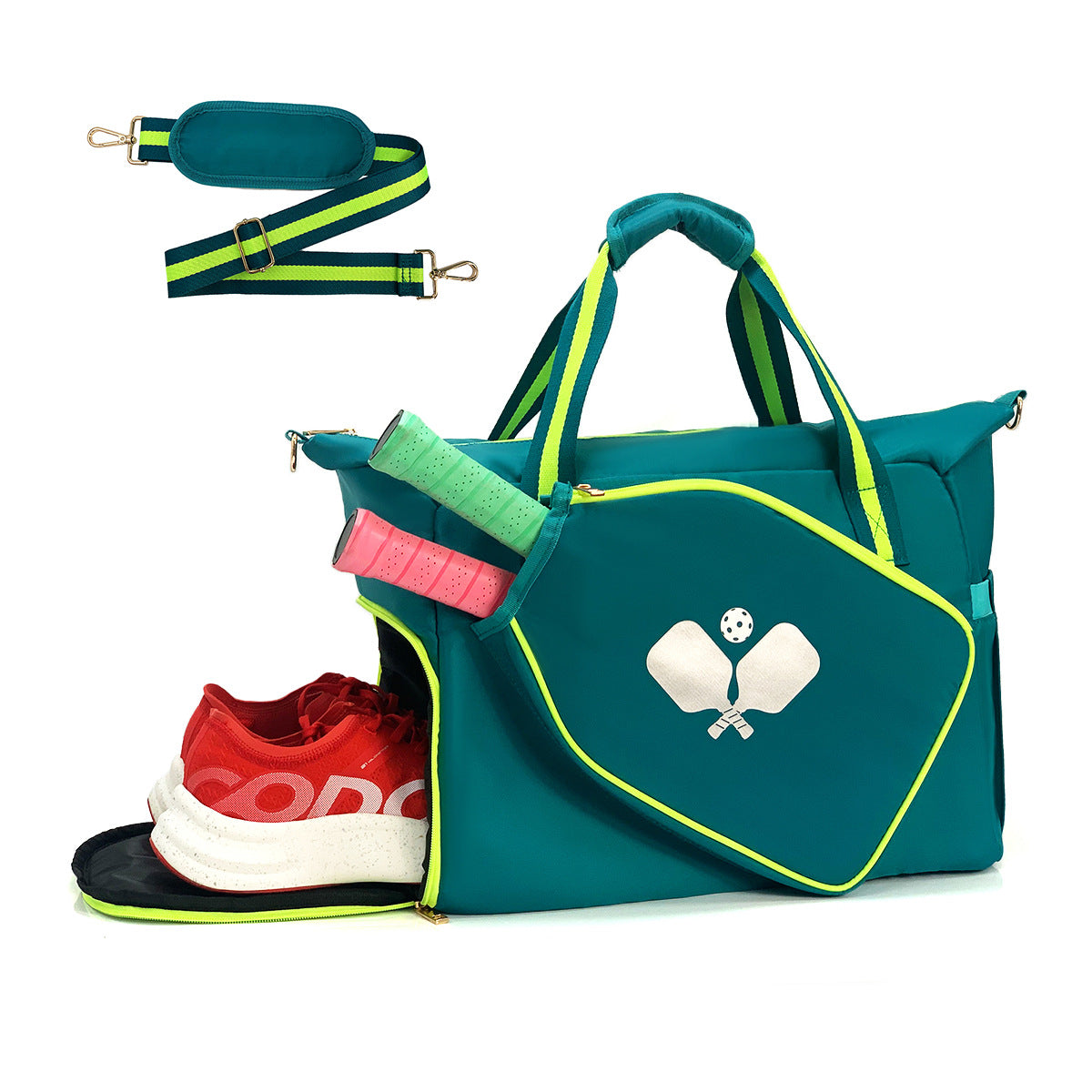 Striped outdoor neoprene travel bag by Sheila Merchandise featuring compartments for shoes and paddles, a fashionable tennis equipment bag