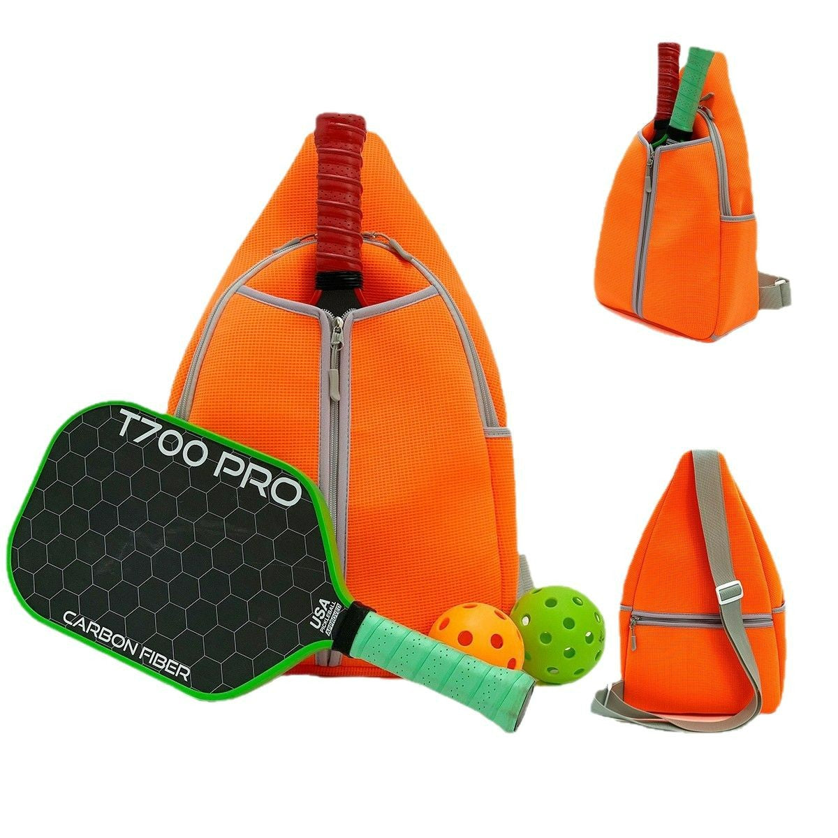 Sheila Merchandise striped orange neoprene bag with green and orange pickleball paddles and balls fashionable tennis equipment bag
