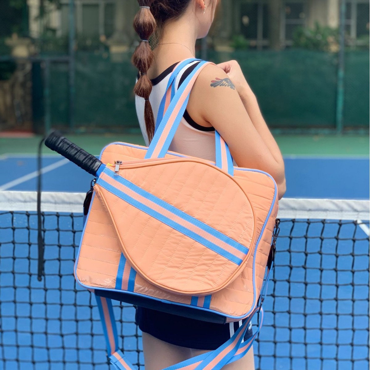Striped outdoor neoprene travel portable fashionable tennis equipment bag by Sheila Merchandise in peach and blue