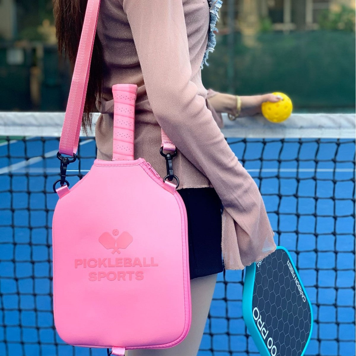 Sheila Merchandise striped outdoor neoprene pink fashionable tennis equipment bag on woman at tennis court