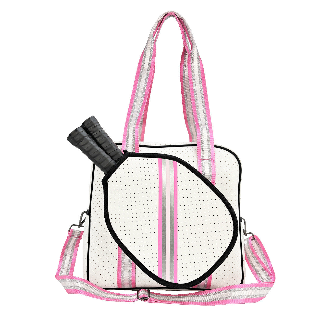 Striped outdoor neoprene travel portable bag by Sheila Merchandise fashionable tennis equipment bag with pink and white design