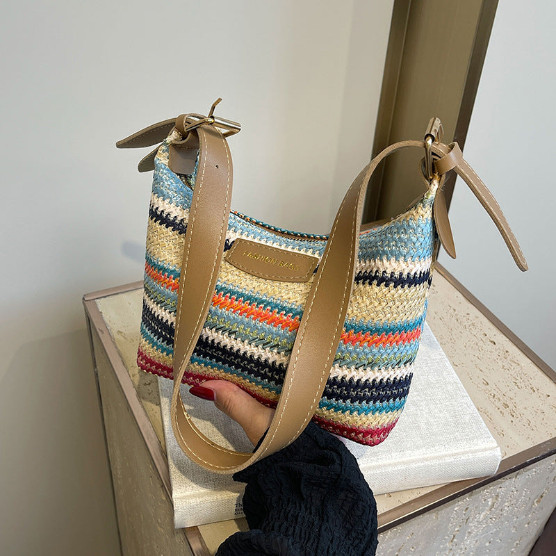 Sheila Merchandise women's simple stylish shoulder bag with colorful woven design and tan leather straps