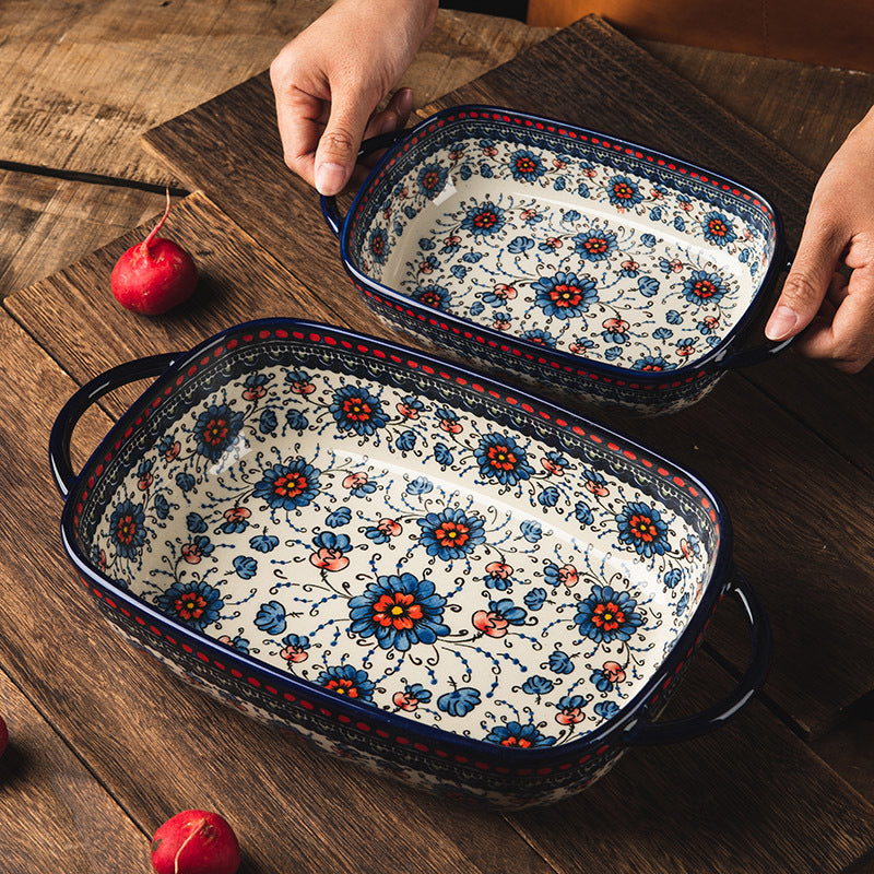 Floral design baking dish set with two rectangular bowls perfect for serving dinner.