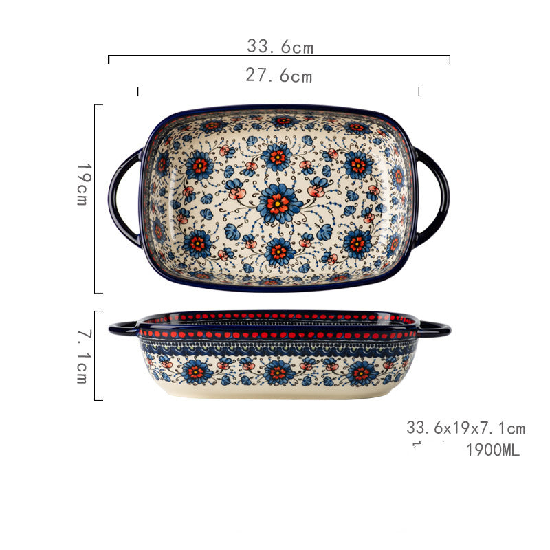 Floral design baking dish with handles, rectangular shape, perfect for microwave or dinner use