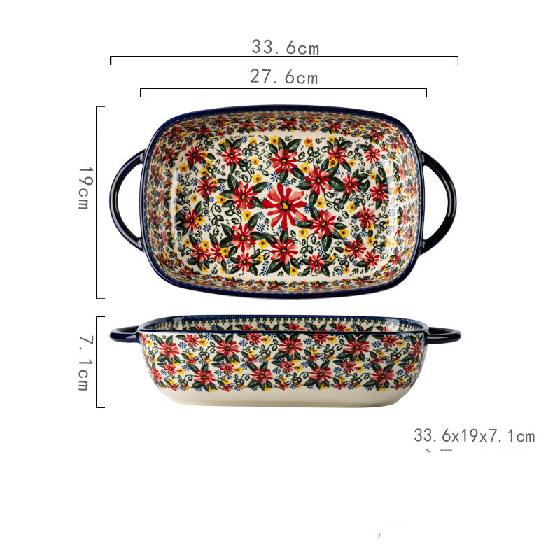Floral design baking dish in rectangular shape, perfect for microwave oven meals and dinner serving