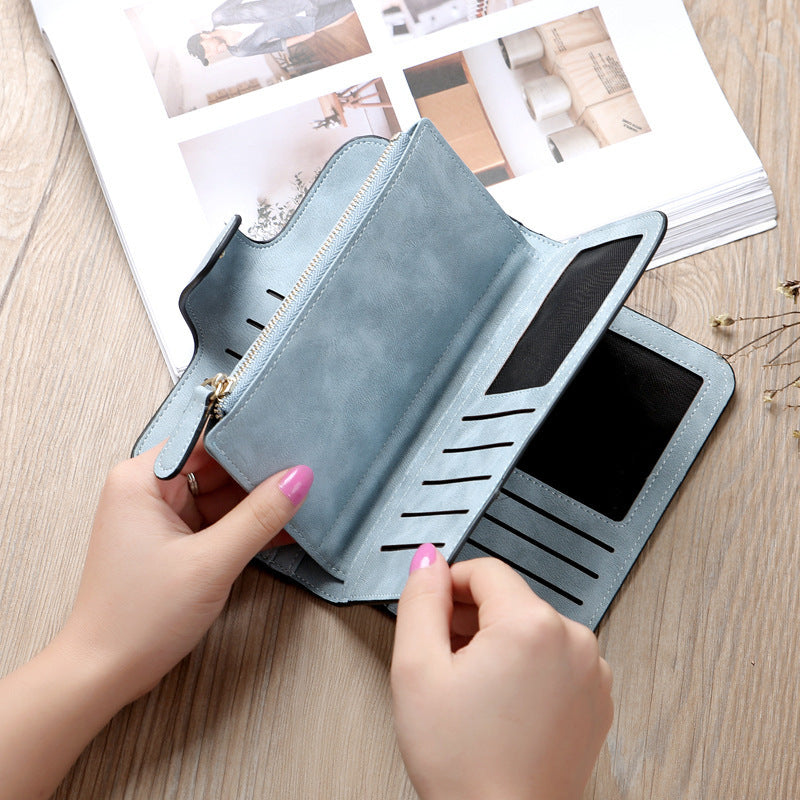 Matte PU leather multi function wallet for women in light blue with multiple card slots and zipper pocket