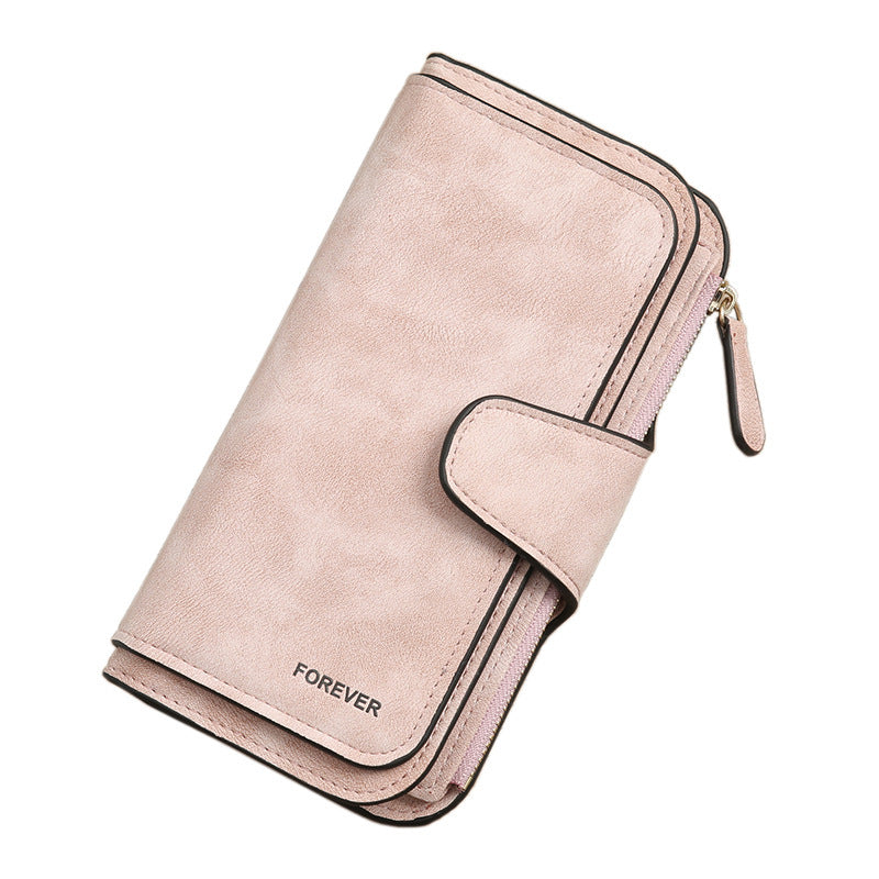 Matte PU leather multi function wallet for women in soft pink with zipper and snap closure