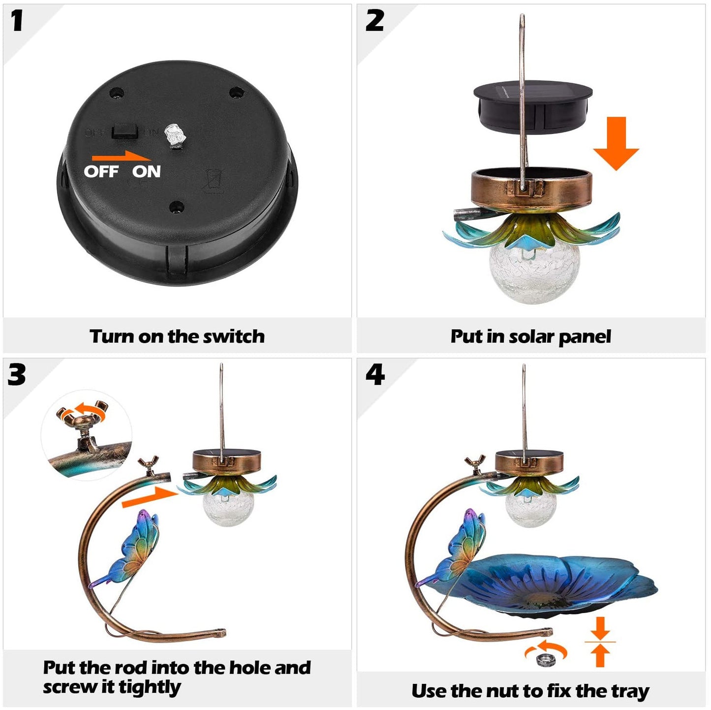 Sheila Merchandise solar bird feeder for garden showing step-by-step assembly instructions with rod, solar panel, and bird tray