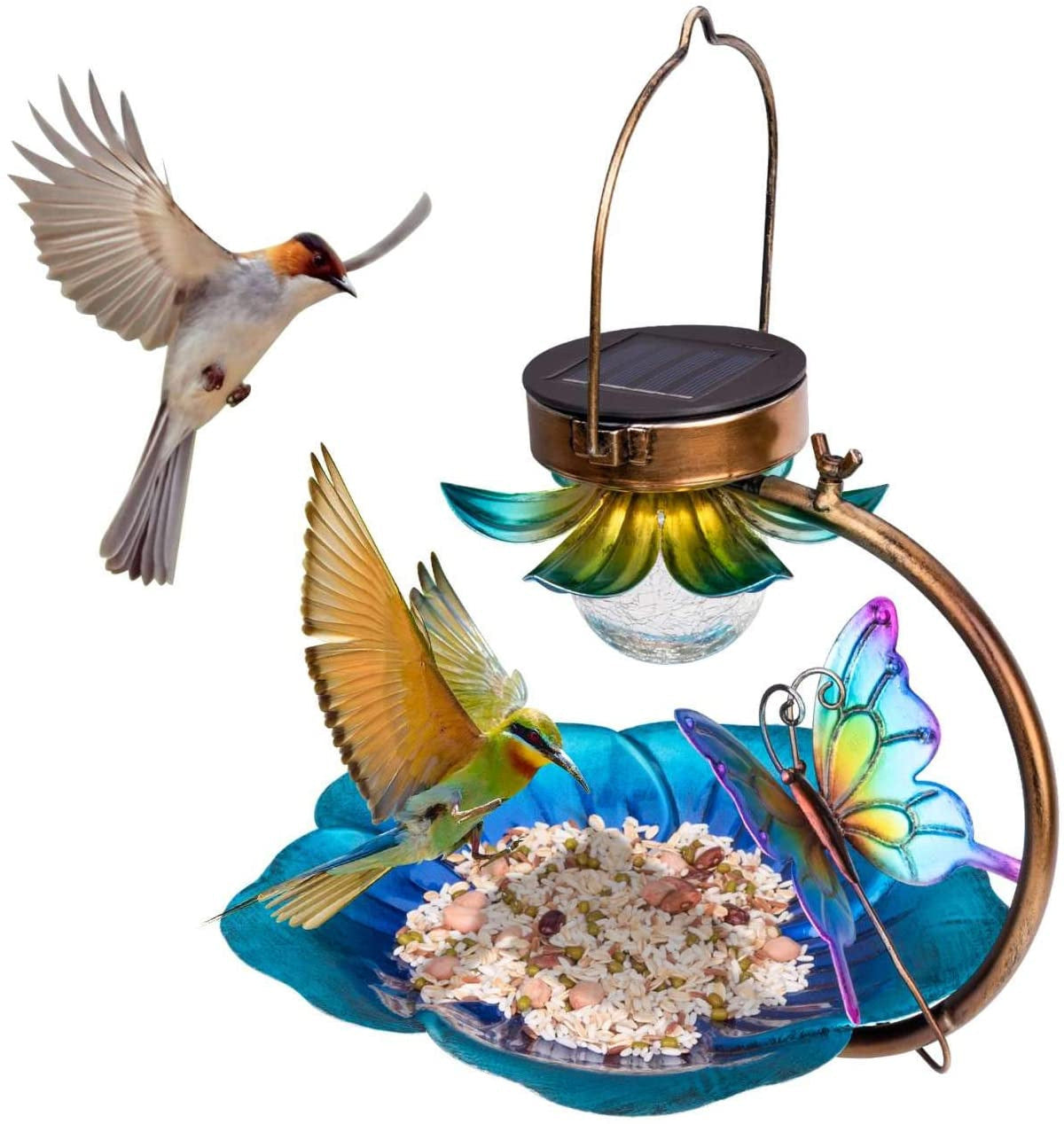 Sheila Merchandise solar bird feeder for garden with decorative butterfly and colorful bird feeding on seeds