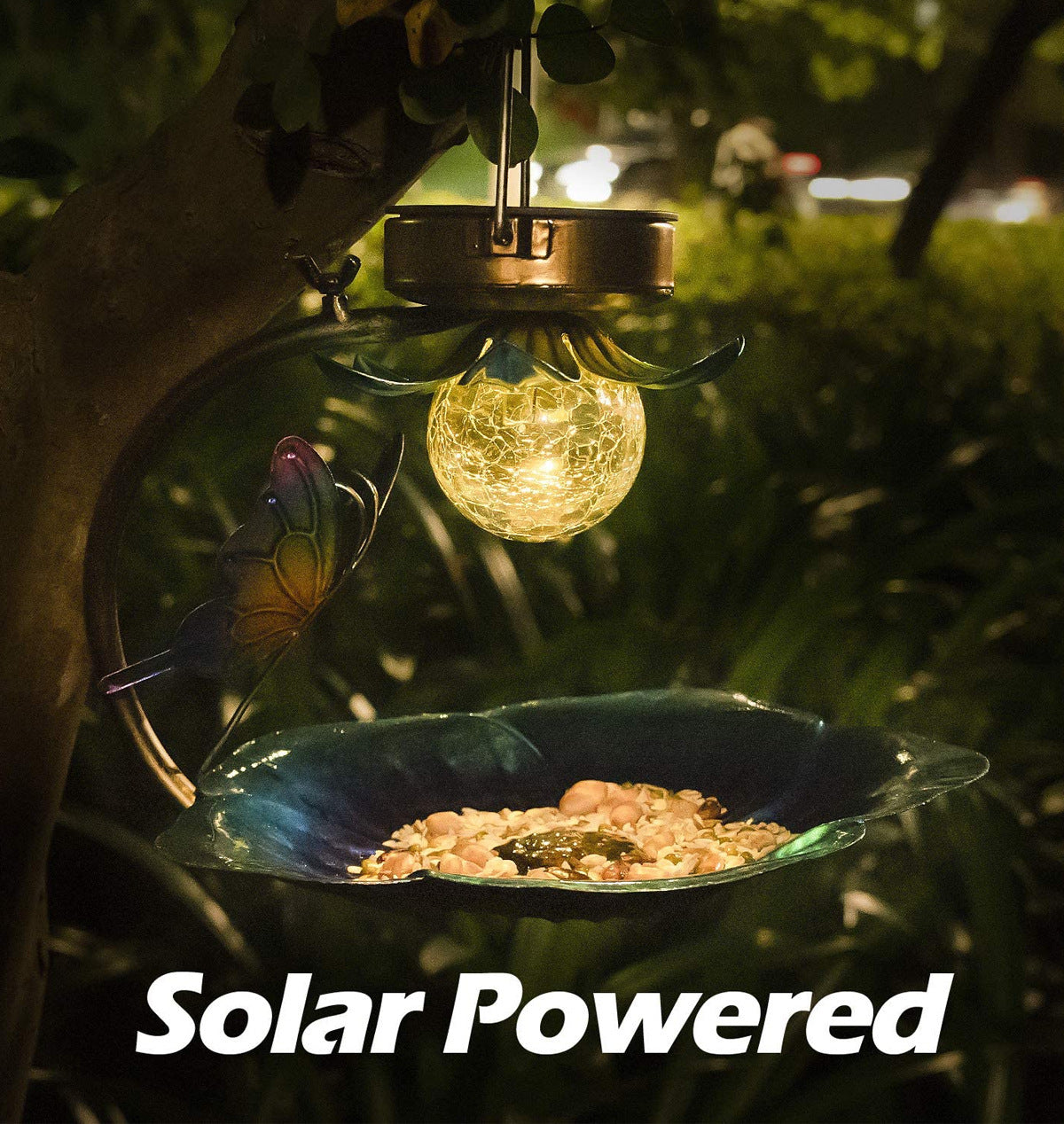 Solar bird feeder for garden with glowing solar light and butterfly design hanging on tree