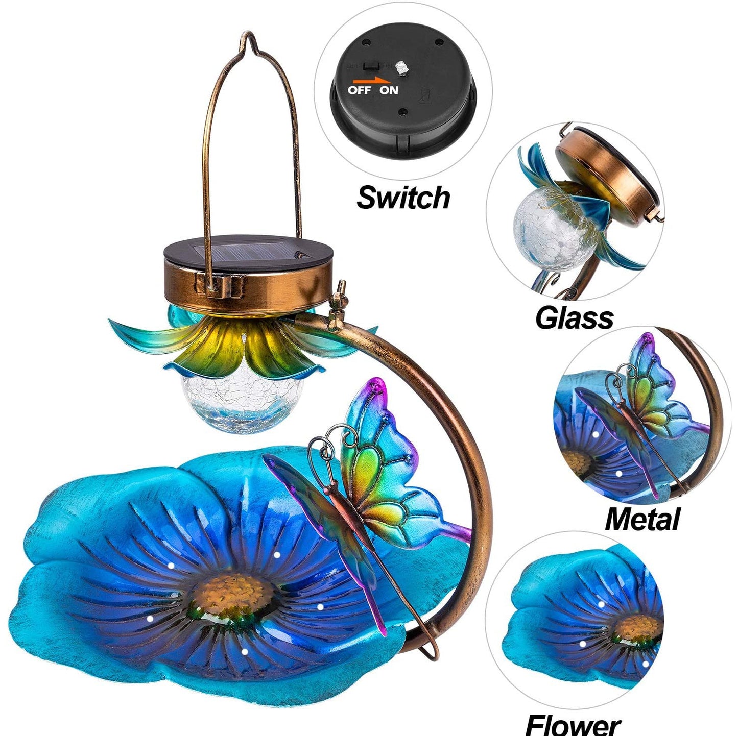 Sheila Merchandise solar bird feeder for garden with blue metal flower and butterfly design with glass and solar light