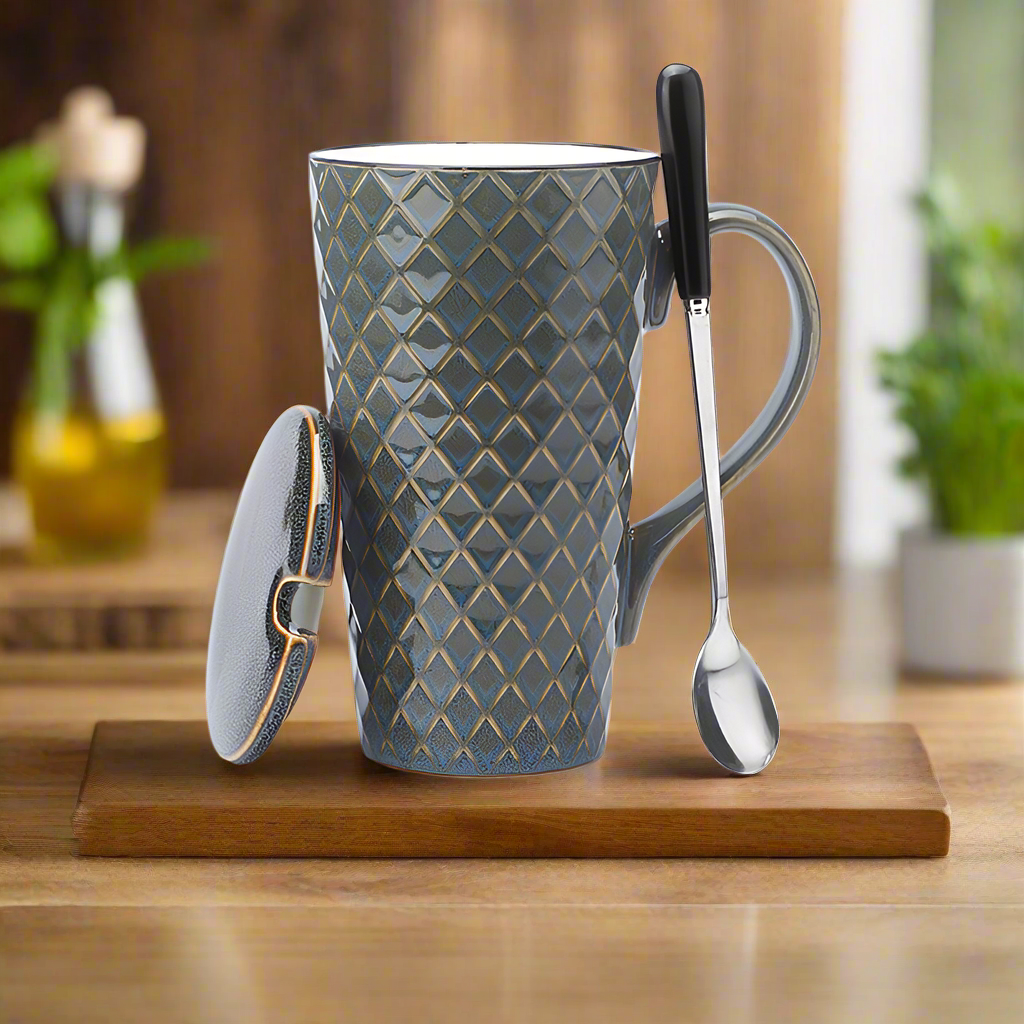 Sheila Merchandise handcrafted ceramic tea mug with geometric pattern and matching lid with spoon