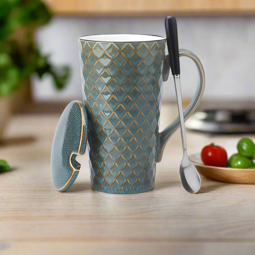 Sheila Merchandise vintage handcrafted ceramic tea mug with textured blue and gold diamond pattern and matching lid