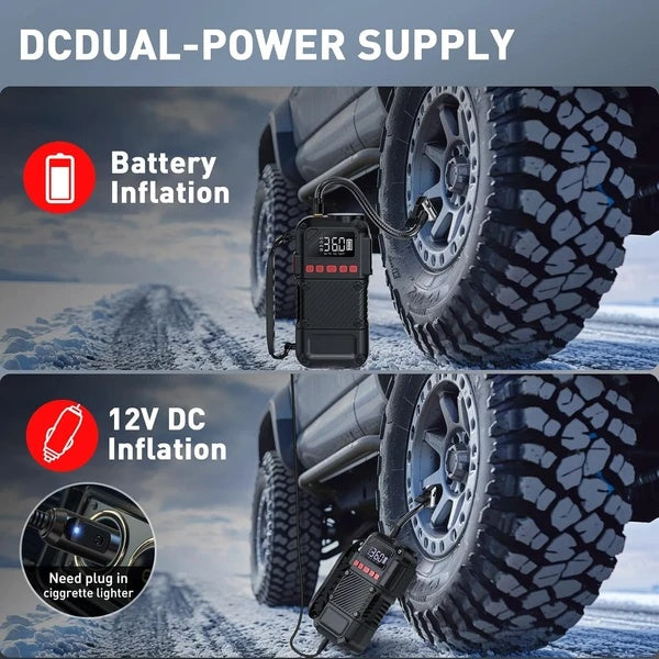 Heavy-duty tire inflator portable with DC dual-power supply inflating a truck tire in snow