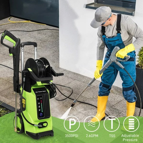 High pressure cleaning machine in green used by worker cleaning outdoor pavement with water spray