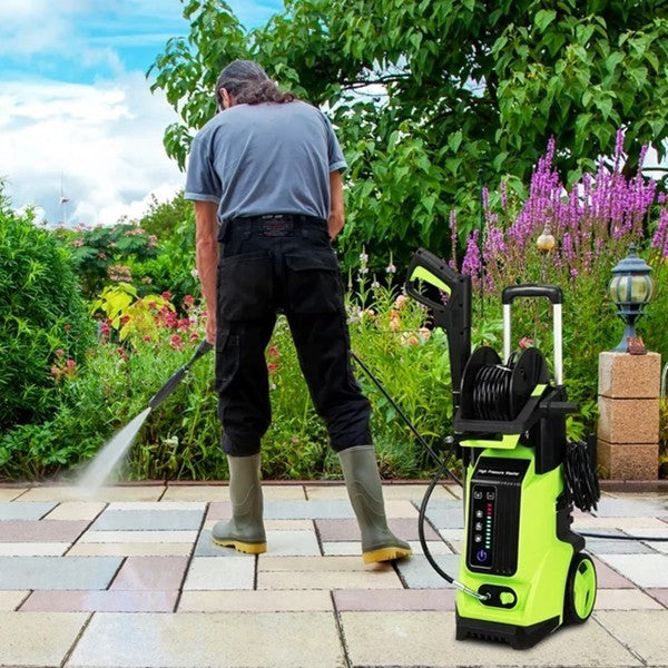 Green high pressure cleaning machine by Sheila Merchandise in use for outdoor patio cleaning