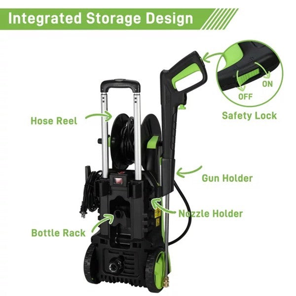 Green high pressure cleaning machine with integrated storage design including hose reel, gun holder, nozzle holder, bottle rack, and safety lock
