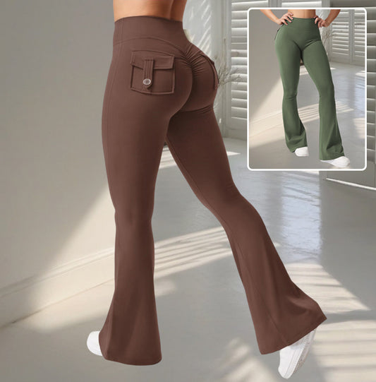 High-waist yoga pants in brown and green with flared legs and stylish pockets for active comfort