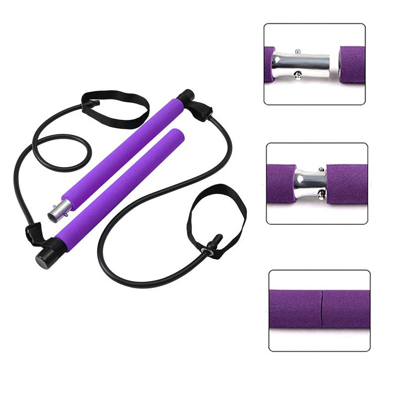 Purple fitness yoga Pilates bar with resistance bands and foot straps portable home exercise bar