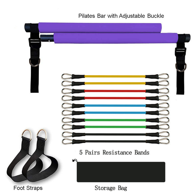 Sheila Merchandise home exercise bar with adjustable buckle, five pairs of resistance bands, foot straps, and storage bag