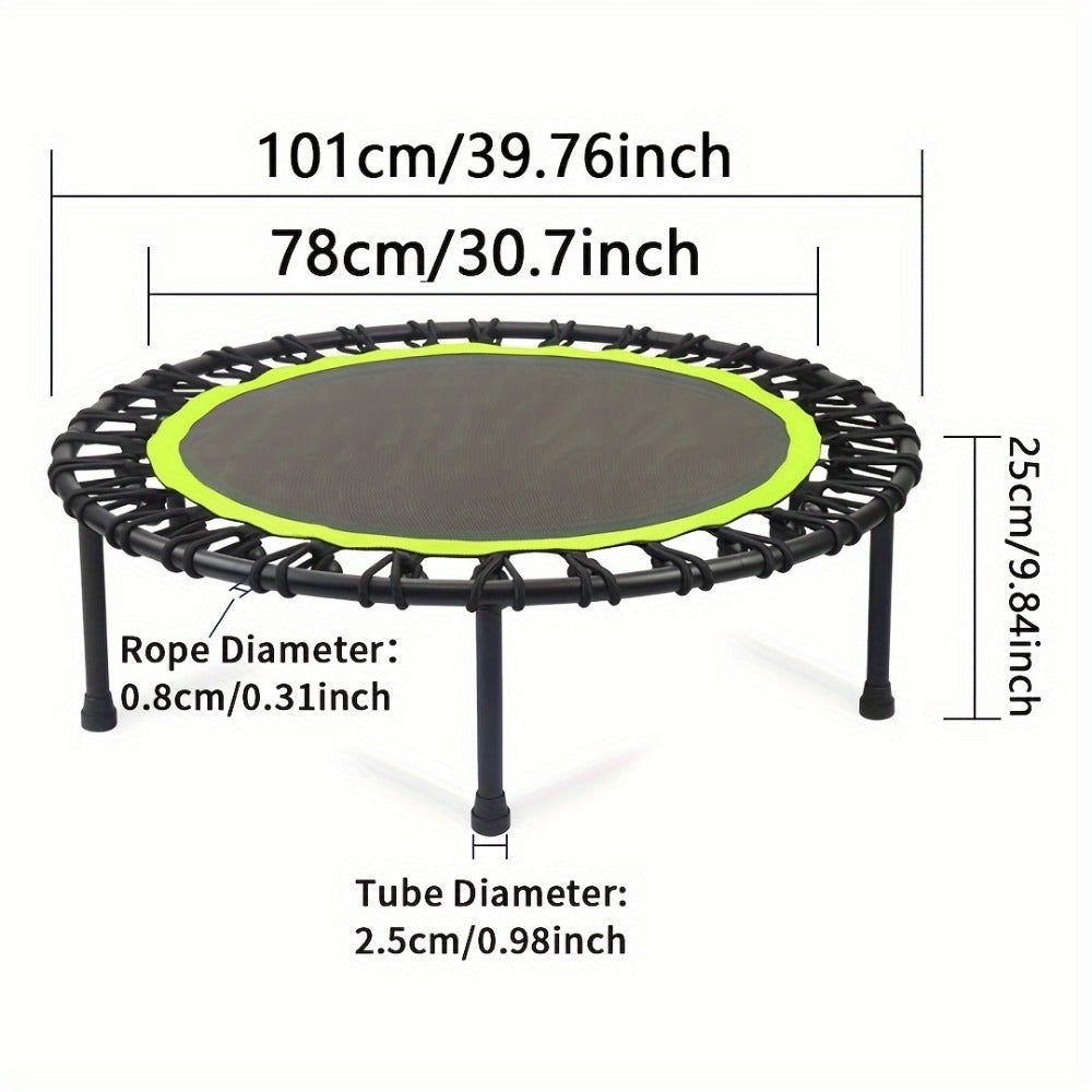 Sheila Merchandise home fitness trampoline with black jumping surface and green trim, compact size with metal legs