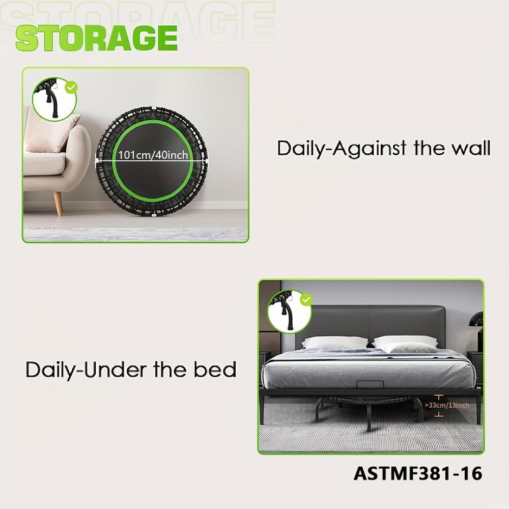 Home fitness trampoline folded for easy storage against the wall and under the bed