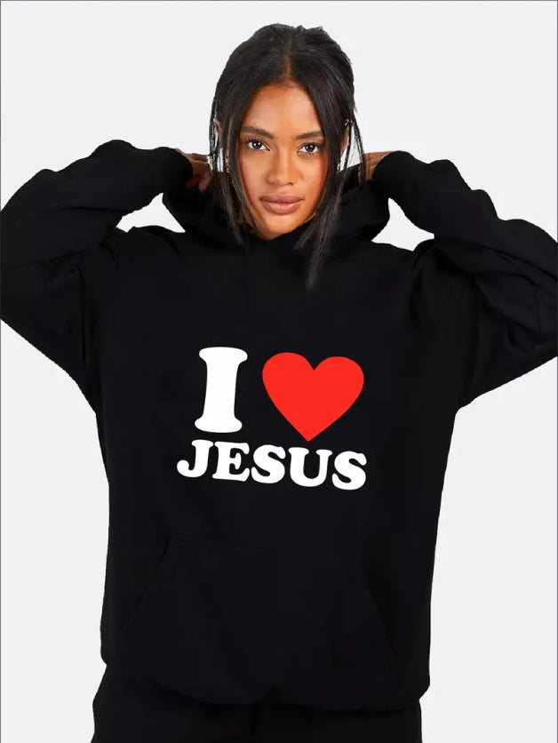 Black I Love Jesus women's hoodie from Sheila Merchandise with bold graphic design
