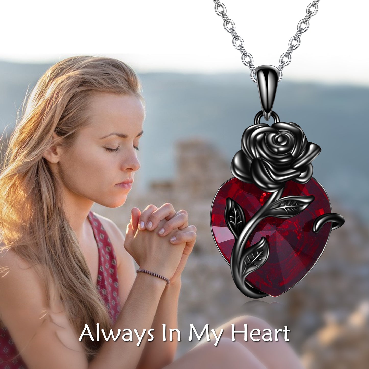 Sterling silver heart rose urn pendant for ashes with red heart and black rose on silver chain