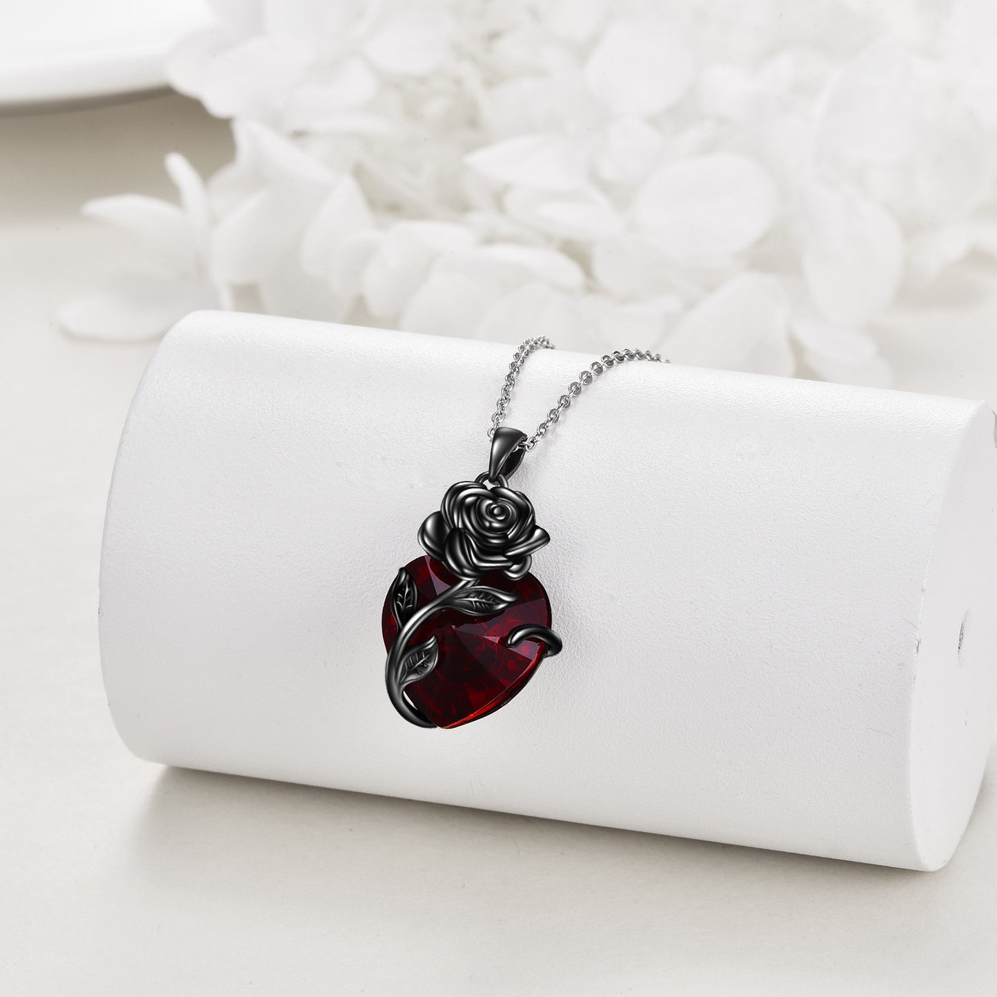 Sterling silver heart rose urn pendant for ashes with red heart and detailed rose design