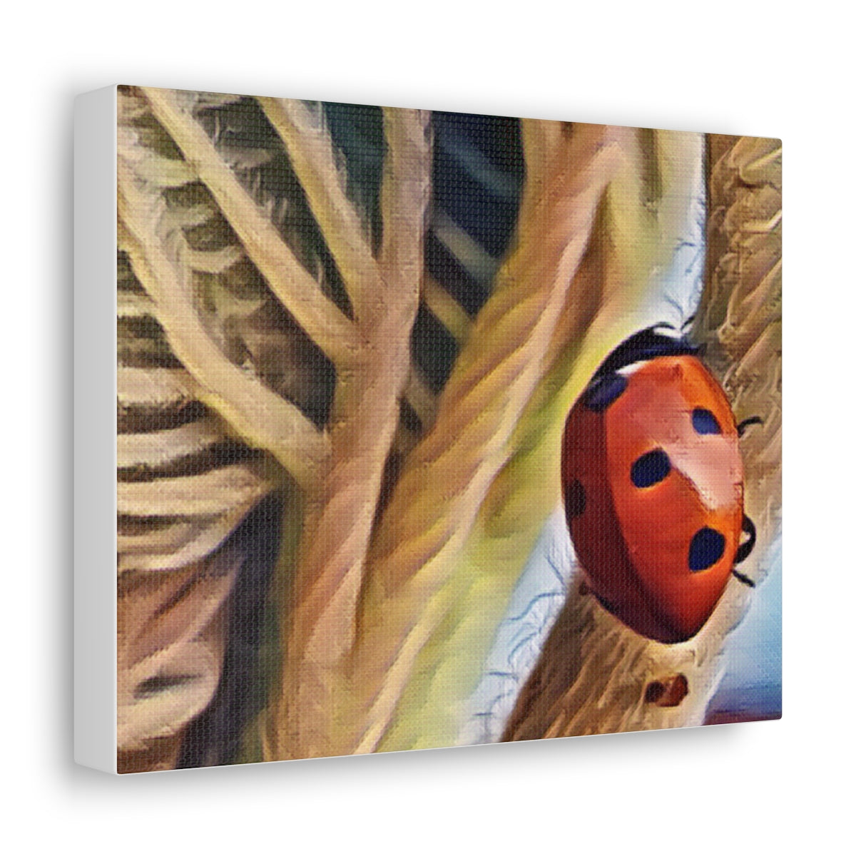 Vibrant ladybug canvas decor featuring a realistic painting of a ladybug on a tree branch