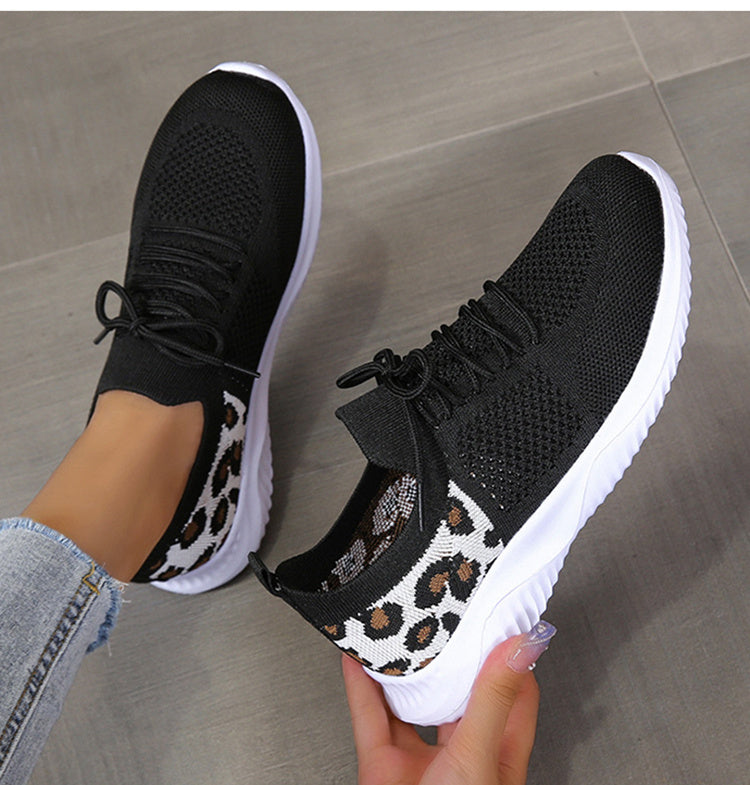 Black and white leopard print sneakers women with lace-up design and white soles