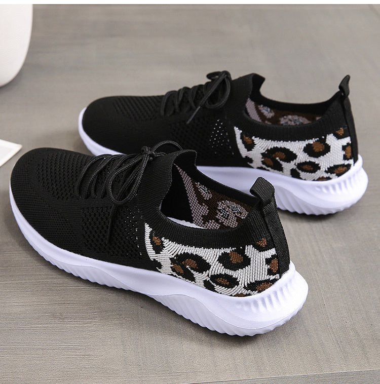 Black and white leopard print sneakers women with lace-up design and comfortable white soles