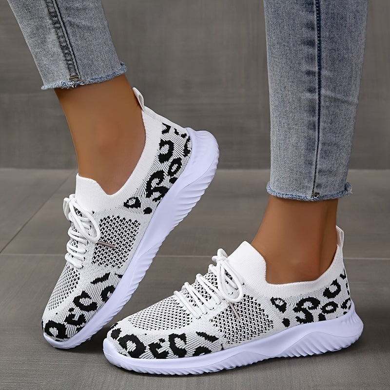 White lace-up leopard print sneakers women with lightweight breathable knit and flexible sole
