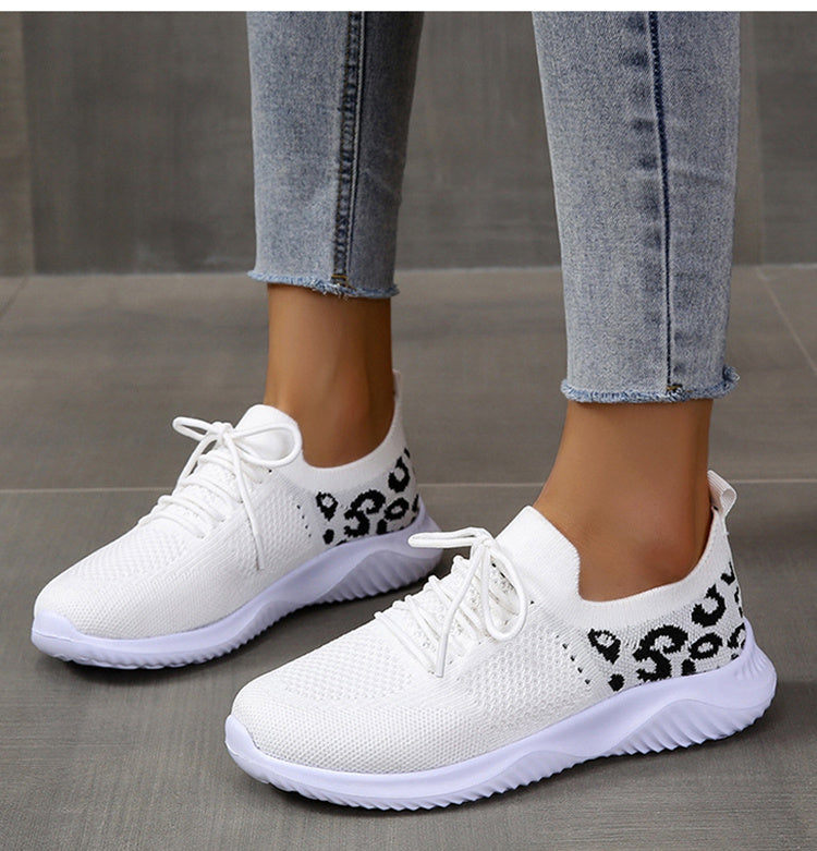 White shoes with leopard print sneakers women lace-up design by Sheila Merchandise