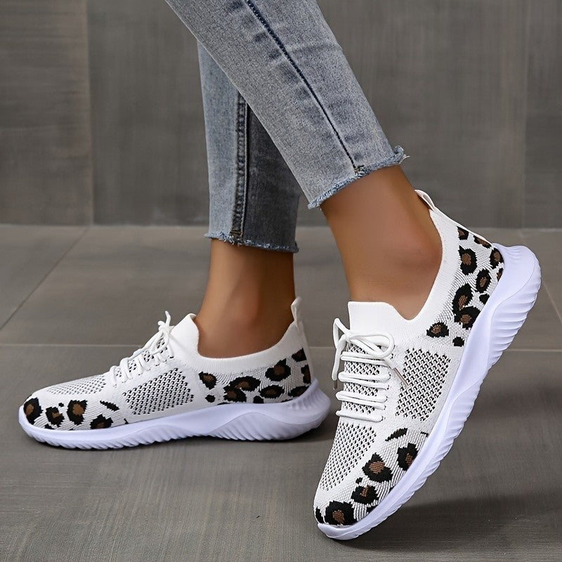 White shoes women leopard print lace-up sneakers with breathable knit design and flexible sole leopard print sneakers women