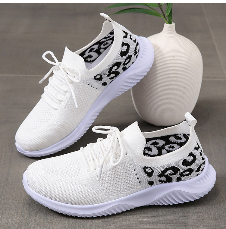 White shoes women with black leopard print pattern and lace-up design leopard print sneakers women