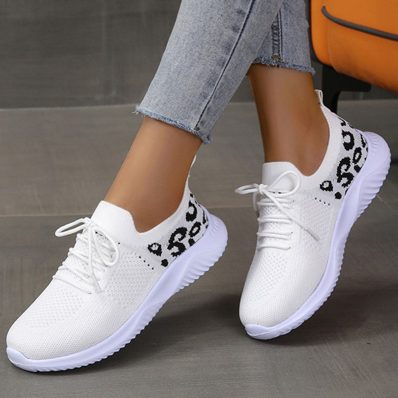 White lace-up leopard print sneakers women with breathable knit fabric and flexible sole