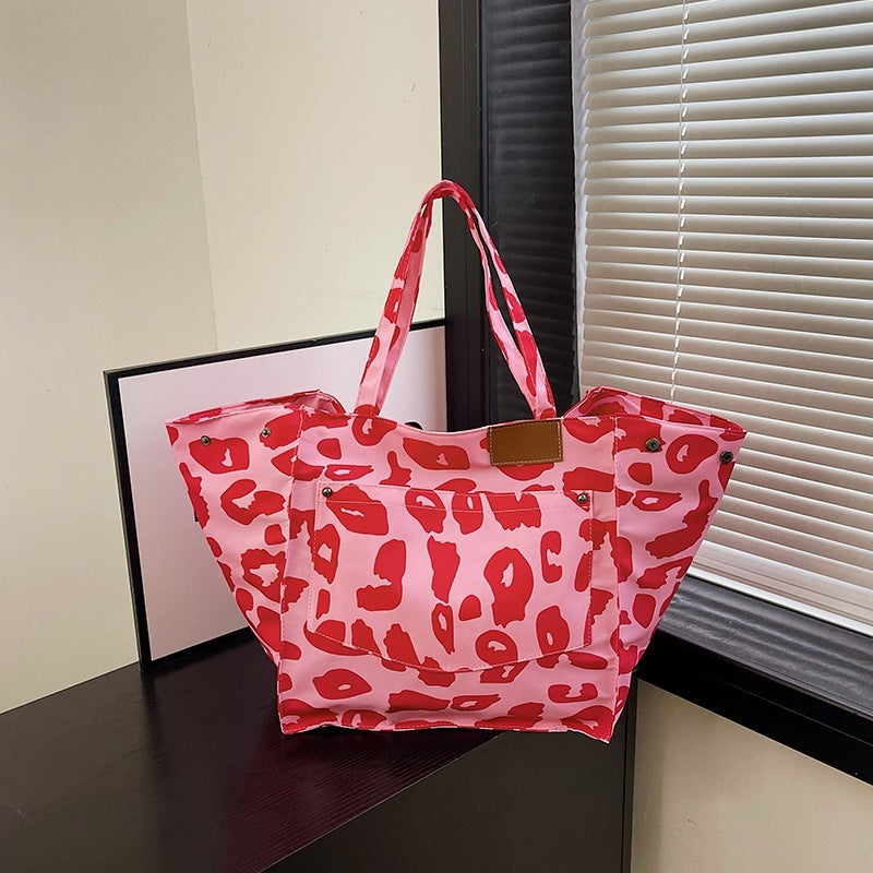 Sheila Merchandise popular leopard print tote bag with large capacity in red and pink nylon